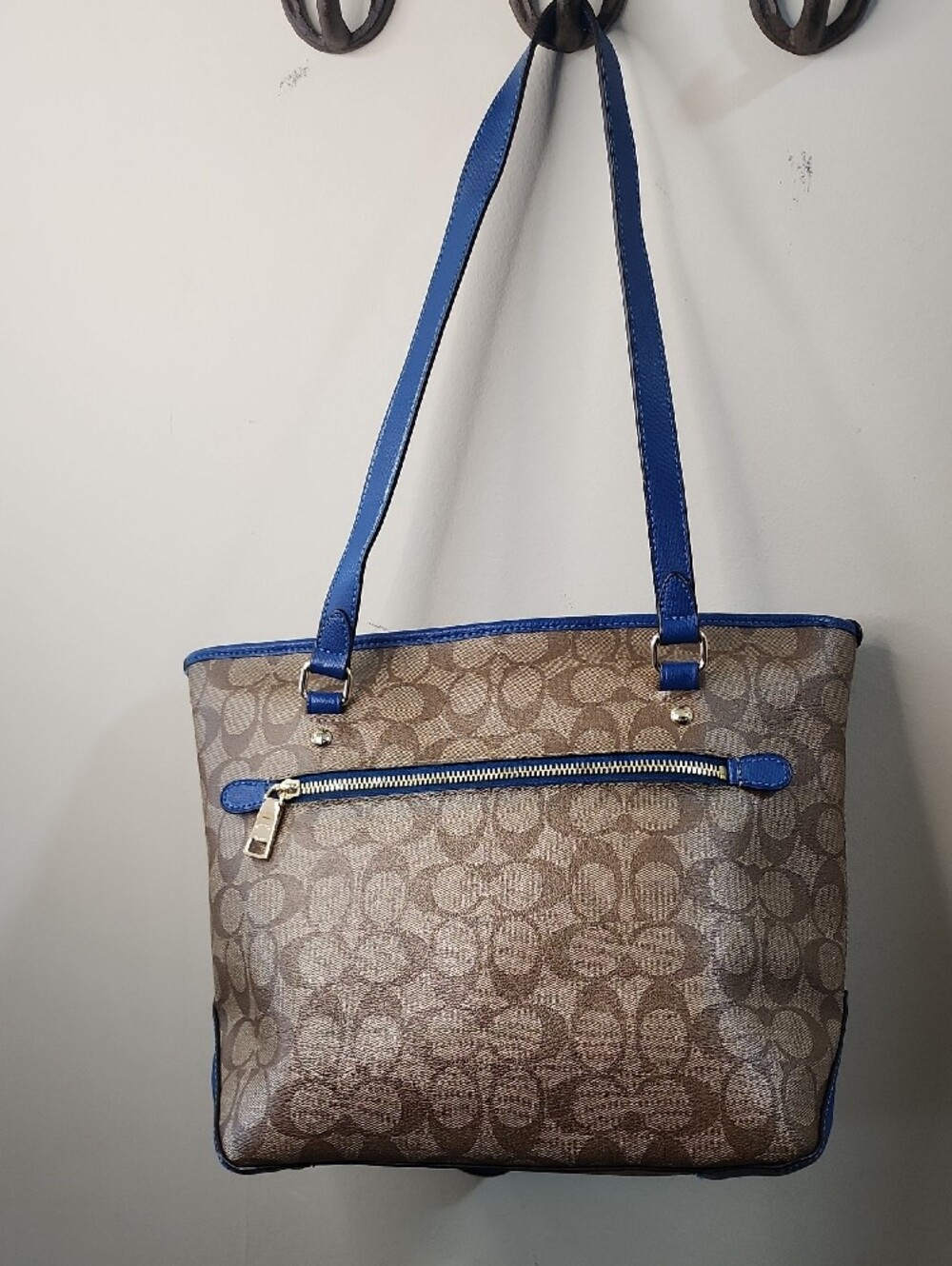 Coach Brown Signature Canvas Tote with Blue Trim - Picture 9 of 17